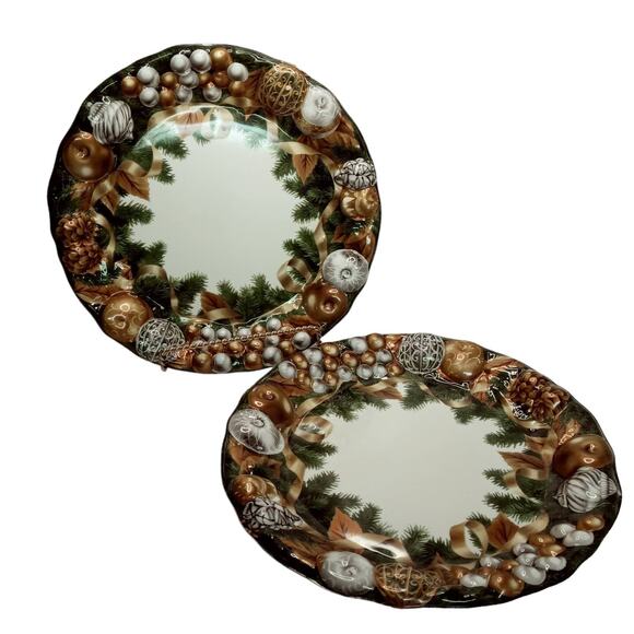 Vintage Green Gold Christmas Serving Trays Platters Decor Set of 2 Plastic 11" - Picture 8 of 11